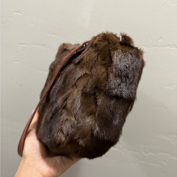 Natural Brown Handmade Real Mink Fur Half Moon Shoulder Bag/Crossbody - Picture 14 of 16